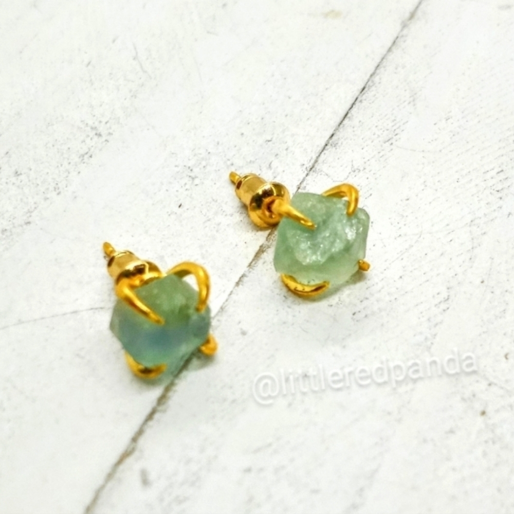 Raw Green Fluorite Prong Earrings 18K Plated Brass - Picture 2 of 3